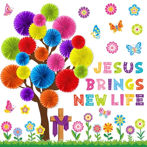 Gersoniel 76 Pcs Back to School Bulletin Board Decorations Christian Classroom Bulletin Boards 3D DIY Paper Fans Tree Cutouts Jesus Religious Cross Decor for First Day of School Wall Decor Supplies - style: Spring