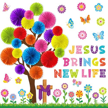 Gersoniel 76 Pcs Back to School Bulletin Board Decorations Christian Classroom Bulletin Boards 3D DIY Paper Fans Tree Cutouts Jesus Religious Cross Decor for First Day of School Wall Decor Supplies - style: Spring
