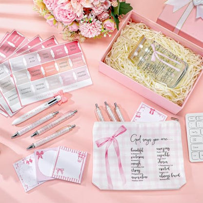 Watersay 64 Pcs Coquette Pink Bow Gift for Women Christian Pink Bow Birthday Gifts Baskets 16 oz Tumblers Preppy Makeup Bag Multicolor Ballpoint Pen Sticky Notes Stickers for Her Friends Sisters - style: Pink Bow