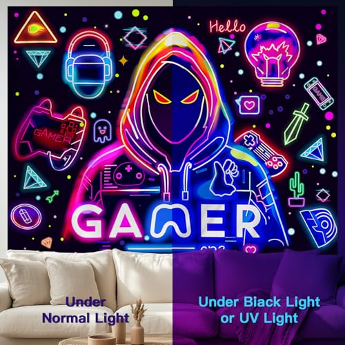 Apdidl Blacklight Gaming Wall Tapestry, Black Light UV Game Player Posters - color: Gamer Blacklight Tapestry, size: 60"L x 51"W