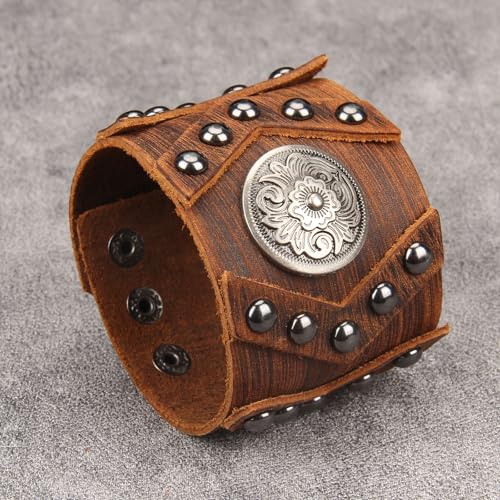 GelConnie Punk Leather Cuff Bracelet Adjustable Straps Wrap Bracelets Arm Armor Cuff Gothic Leather Wristbands for Men, Women - color: MLPB100-Brown