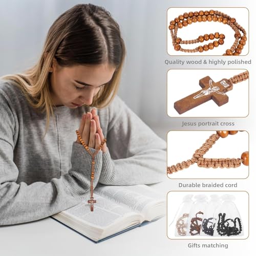 Wooden Rosary Beads Bulk,Wood Rosarios Catolicos with Jesus Holy Cross,First Communion Rosary Bulk Wooden Rosaries in Bulk With Organza Bags Rosary Catholic Baptism Church Present for Men Women - color: 48 pcs