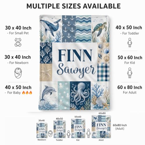 Personalized Ocean Animal Baby Blanket, Custom Sea Life Baby Blanket - color: Blue #5