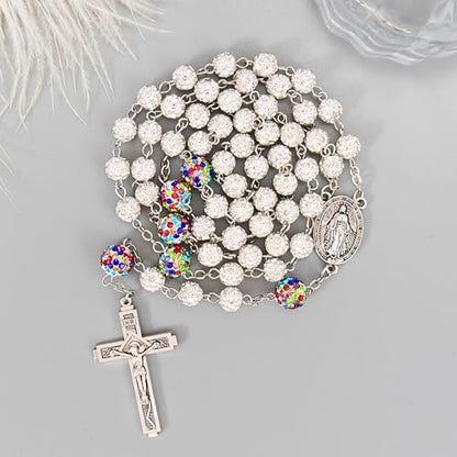 Nazareth Store Rhinestones Crystal Beads Rosary, Catholic Rosary Necklace with Silver Miraculous Medal INRI Crucifix, Multicolor Rosaries in a Gift Case - color: White with Colorful Beads