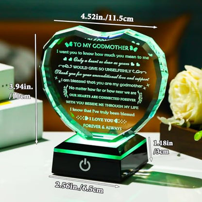 Arikyrist Godmother Gifts from Godchild with Colorful Light Base, Birthday Gift for Godmother Crystal Heart Keepsake, To My Godmothers Gifts from Goddaughter Godson on Mothers Day Christmas - color: Godmother Gifts + Light Base