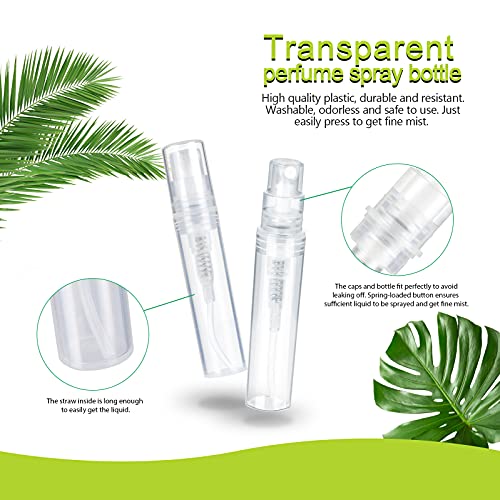 Fandamei 60 Pack 3ml Mini Spray Bottle, Clear Plastic Empty Cute Perfume Atomizer Bottle for Cleaning, Travel, Essential Oils, Perfume. - size: 3ml