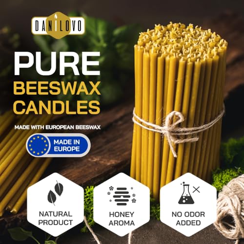 Danilovo Thin Taper Beeswax Candles - Honey-Scented, Decorative Candles Ideal for Birthday Decoration or Church Prayers - Yellow Drip Free, Tall & Smokeless Pack of 50 pcs, 7.3 x 0.24 inch - color: Yellow