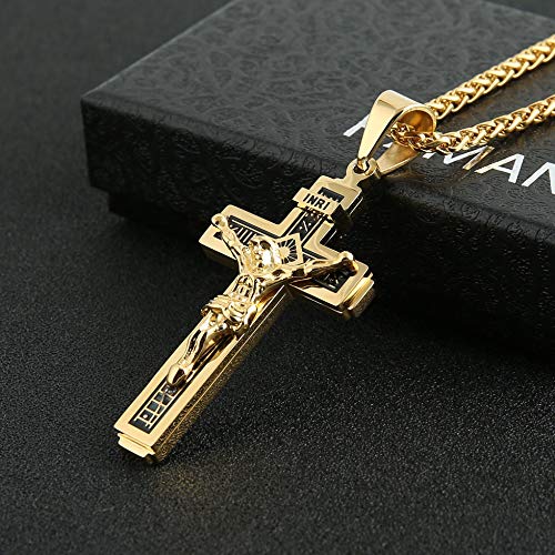 HZMAN Catholic Jesus Christ INRI Cross Crucifix Pendant Necklace for Men - color: Gold
