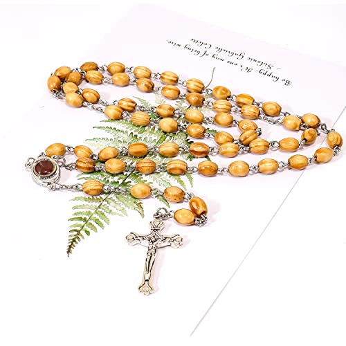 Nazareth Store Catholic Prayer Rosary Olive Wood Beads Necklace Holy Soil Medal & Metal Cross Velvet Gift Bag
