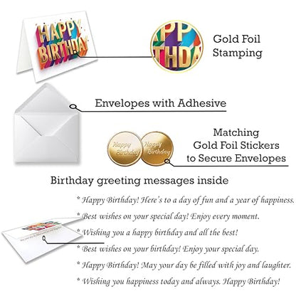 150 Birthday Cards Bulk, Gold Foil, Message Inside, for Office and Home