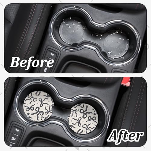 2Pcs Car Coasters for Cup Holders, Black Bow Absorbent Car Cup Coaster
