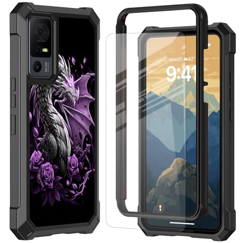 for TCL 40XL/TCL 40T/Jitterbug Smart 4 Phone Case with Tempered Glass Screen Protector,Dual Layer Shockproof Corners Protection Case for TCL 40XL/TCL 40T/Jitterbug Smart 4,Dragon Purple Rose Design - color: Dragon Purple Rose Design, size: TCL 40XL/TCL 40