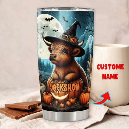 Personalized Highland Cow Halloween Tumbler Custom Name Cows Travel Mug Coffee Insulated Cup with Lid Stainless Steel 20Oz 30Oz Gifts for Women Men Girls Spooky Season - color: Halloween 569