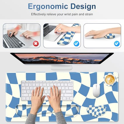 Desk Mat Pad, Gaming Mouse Pad Wrist Support Set, 4 in1 Non-Slip XXL Large Mousepad + Ergonomic Keyboard Wrist Rest+Mouse Wrist Rest+Coaster for Home Office Computer I Blue White Checker - color: Blue White Checker