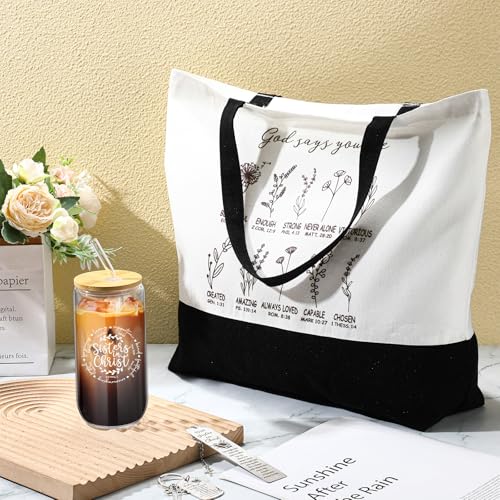 Maxdot 4 Pcs Sister in Christ Gift for Women Christian Gift Canvas Tote Bag Religion Glass Tumbler with Lids and Straw Bible Verse Keychain Christian Scripture Bookmark for Sister Women Religious