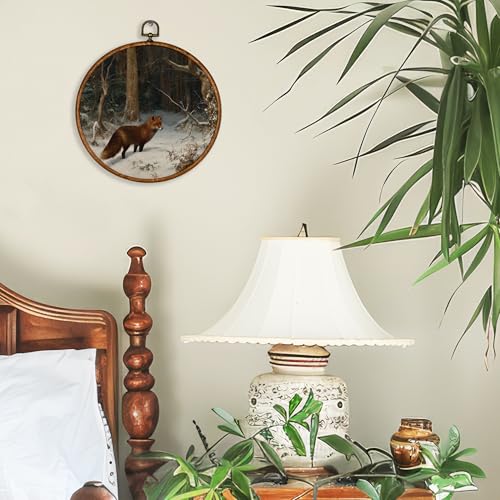 BCUANGD Winter Round Wall Art Decor - Vintage Winter Landspace Fox Wall Art Canvas Frame Artwork Prints, Rustic Xmas Holiday Cottage Round Wall Hanging Decorations for Home Gallery Bedroom, 10"x10" - color: Christmas-13