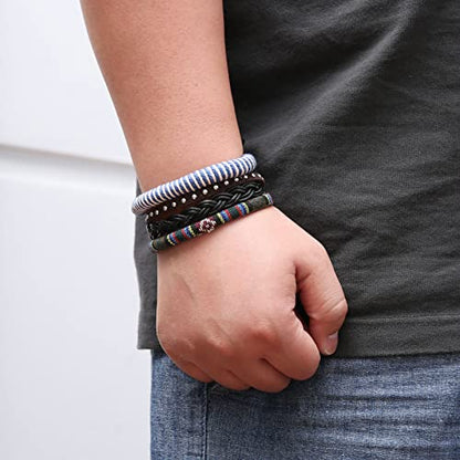 HZMAN Handmade Hemp Cords Wood Beads Leather Bracelets for Men Women - style: Blue Hemp Rope