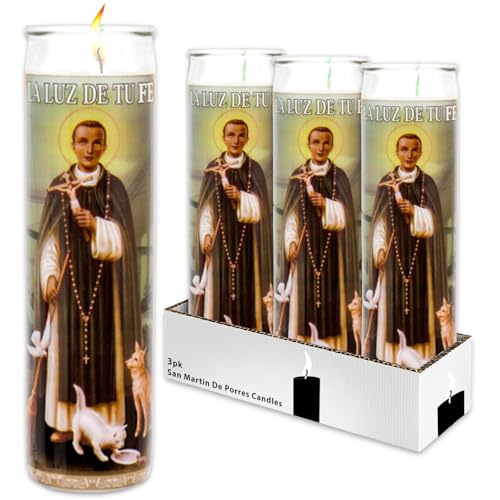 San Martin De Porres 3 Pack of 8 Inch White Religious Candles - Bundle with 3 Saint Martin De Porres Candles for Vigils, Prayers, Blessing Ceremonies, and More