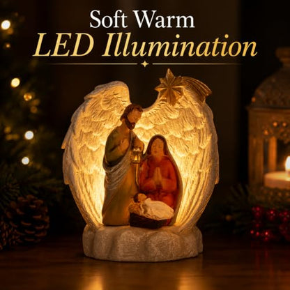 Wowser Lighted Holy Family Under Angel Wings Figurine, LED Nativity Christmas Decoration, Religious Christian Tabletop Holiday Décor, Resin Freestanding Christmas Display, 3.75 Inch