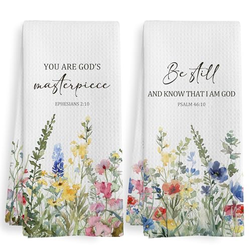 Christian Tea Towel Gifts, Wildflower Bible Verse Scripture Decor Dish Hand Towels for Bathroom Kitchen, Christian Vintage Floral Decorative Kitchen Towels and Dishcloths Sets of 2, 16x24Inch - color: Masterpiece Be Still
