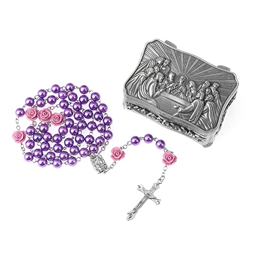 Rosary Beads for Women With Box, Blue Crystal Catholic Necklace, Last Supper Vintage Jewelry Box, Anglican Prayer Beads Christian Gifts - color: Purple Rose +Last Supper Rosary Box