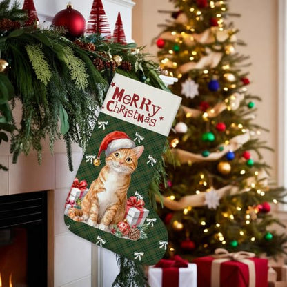 Orange Tabby Cat Green Plaid Christmas Stockings 16 Inch - color: Christmas13