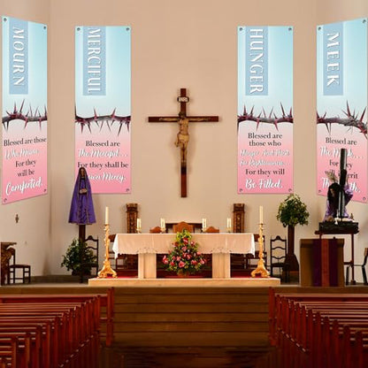 4Pcs Easter Church Banners for Sanctuary Wall Religious Banners Hanging Backdrop Praise Hanging Sign with Scripture Bible Verses Banner Easter Banner for Church School Decor(Blue-pink Gradient) - style: Blue-pink Gradient
