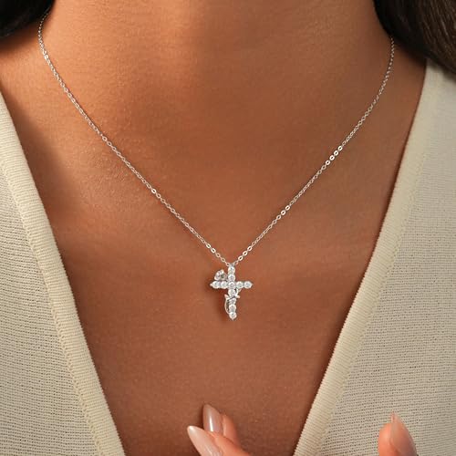 925 Sterling Silver Cross With Crown Necklace for Women 16+2 Inch - color: Silver 2