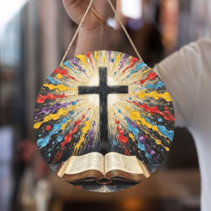 Door Sign Round Wooden Hanging Plaque With Rope Cross And Open Bible With Light Burst 12 X 12 Inch Rustic Welcome Wall Decor For Porch Entryway Farmhouse Home