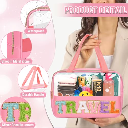 Preppy Clear Travel Makeup Bags with Chenille Letter Patches, Travel Essentials Large Clear Make up Bag Zipper Pouch with Handle, Waterproof Nylon Cosmetic Toiletry Storage Tote for Women(TRAVEL-Pink) - color: TRAVEL-Pink
