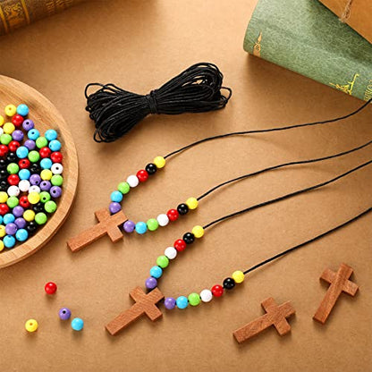 Kathfly 261 Pcs Wood Cross Necklace, Sunday School Crafts for Kids, Brown - color: Brown