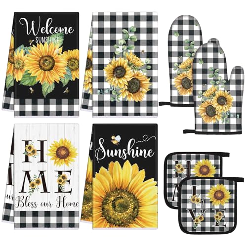 Leinuosen 8 Pcs Sunflower Plaid Kitchen Towels Dishcloths Accessories Set - color: Black White and Yellow, style: Sunflower