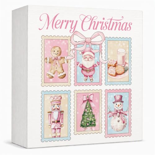 Pink Christmas Decor, Christmas Decorations Indoor, Bow Xmas Tree Santa Claus Snowman Nutcracker Gingerbread Sign Gift for Women Friends, Rustic Wooden Box Sign for Home Bedroom Desk Decor 5x5 Inches - color: Merry Christmas-8