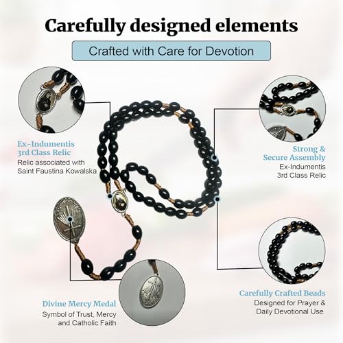 SANCTUM VERITAS Saint Faustina Kowalska True Relic Chaplet Apostle Divine of Mercy Miraculous Medal Jesus I Trust in You Chaplet Three O' Clock Prayer Poland Polish Novena - color: Black on the Cord