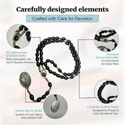 SANCTUM VERITAS Saint Faustina Kowalska True Relic Chaplet Apostle Divine of Mercy Miraculous Medal Jesus I Trust in You Chaplet Three O' Clock Prayer Poland Polish Novena - color: Black on the Cord