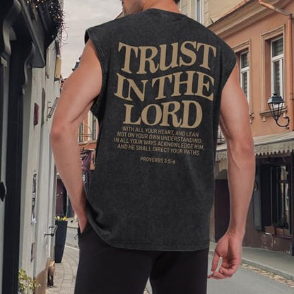 Mens Christian Tank Tops Trust in The Lord God Jesus Religious Faith Bible Verse Shirts Graphic Acid Wash Gym Tees - color: Black, size: XX-Large