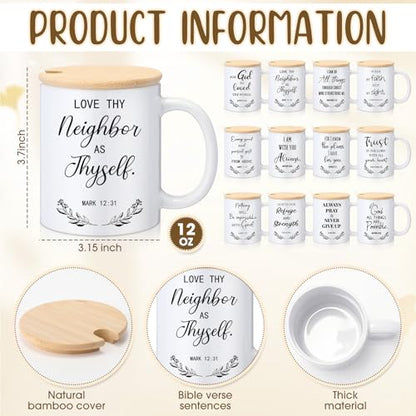 Didaey 12 Sets Christian Gifts Bulk Religious Coffee Mugs 12oz Bible Verses White Ceramic Cup with Lid Handle Spoon Inspirational Mug Church Gift for Men Coworker Employee Staff(Christian) - style: Christian
