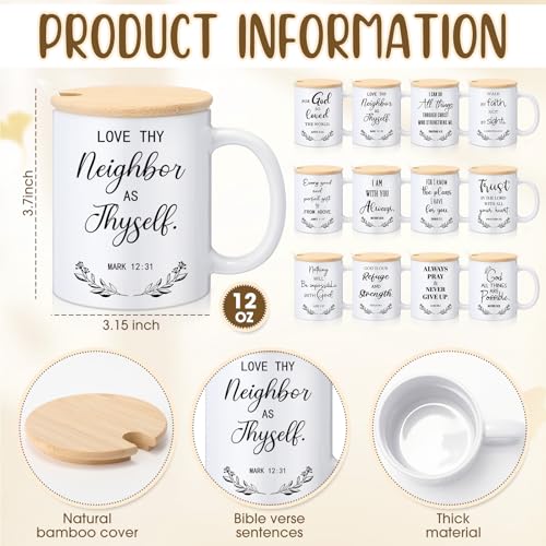 Didaey 12 Sets Christian Gifts Bulk Religious Coffee Mugs 12oz Bible Verses White Ceramic Cup with Lid Handle Spoon Inspirational Mug Church Gift for Men Coworker Employee Staff(Christian) - style: Christian