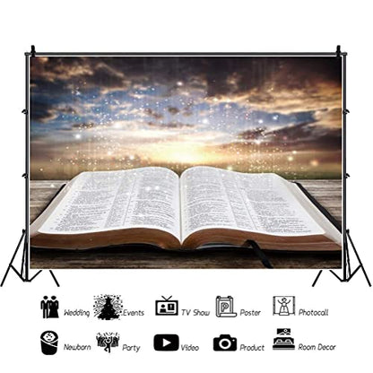 5x4ft Jesus Christ Backdrop Light of Wisdom Emit from The Opened Holy Bible Book Bokeh Sunset Glitter Glow Photography Background Christian Church Sanctuary Banner Decor Vinyl Studio Prop - size: 5x4ft
