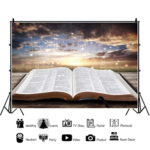 10x8ft Jesus Christ Backdrop Light of Wisdom Emit from The Opened Holy Bible Book Bokeh Sunset Glitter Glow Photography Background Christian Church Sanctuary Banner Decor Vinyl Studio Prop - size: 10x8ft