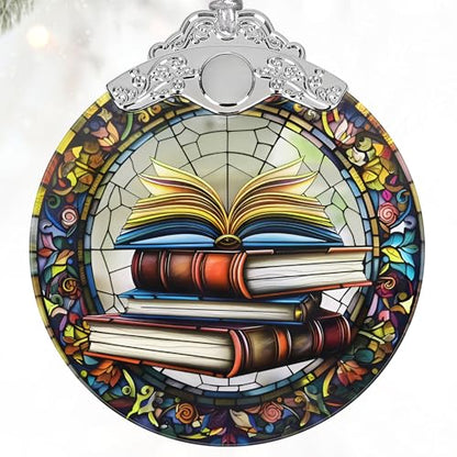 Book Lovers Gifts: Stained Glass Book Ornaments for Christmas Tree - color: Stacked Book
