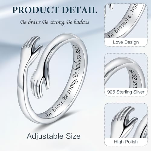 LOVECOM S925 Sterling Silver Hug Rings for Women Teen Girls Mother Daughter - color: Be brave. Be strong. Be badass, size: US Size 6