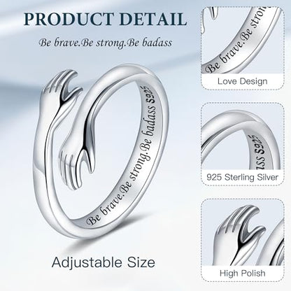 LOVECOM S925 Sterling Silver Hug Rings for Women Teen Girls Mother Daughter - color: Be brave. Be strong. Be badass, size: US Size 6