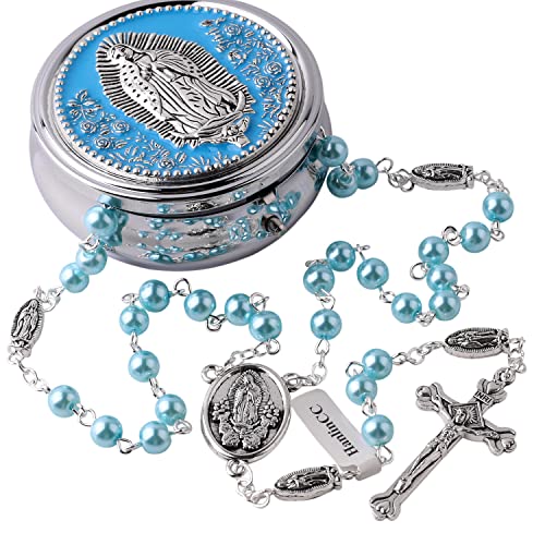 HanlinCC Guadalupe Catholic Rosary Glass Pearl Beads Necklace with Gift Box - color: Guadalupe Rosary Light Blue
