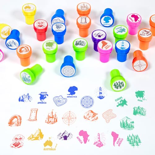 Cinrobiye 24 Pcs Geography Adventure Stampers Party Favor Set, Cute World Map Stamps for Kids Birthday Party, Classroom Rewards, Educational Learning Toys, Goody Bag Fillers, Themed Party Supplies - color: Geography Adventure