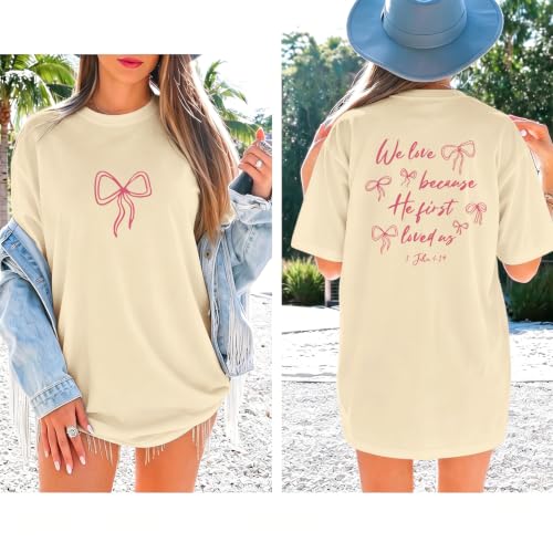 Christian Faith Bow Shirts for Women Cute Coquette Shirt Jesus Religious Tshirts Bible Verse Oversized Graphic Tee - color: Apricot, size: Small