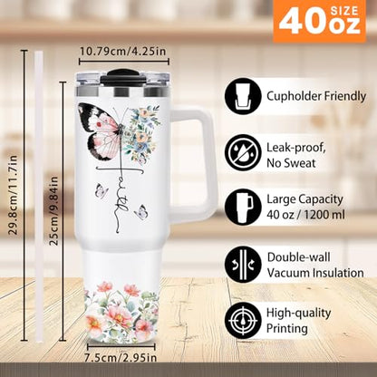 Christian Gifts for Women, 40oz Religious Butterfly Floral Tumbler with Handle, Christ Faith Bible Verse Insulated Travel Mug, Inspirational Spiritual Mother's Day Present for Mom Grandma Sister - color: Religious-D-356-E
