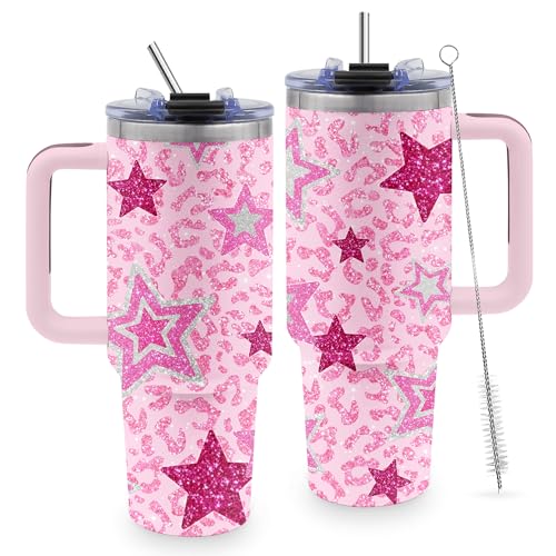 Pink Star 40oz Tumbler with Handle & Straw, Gifts for Women - color: Star-Pink