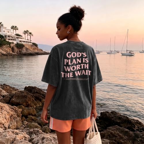 Christian Oversized Shirts for Women God Graphic Tees Shirts Bible Verse Jesus Shirt Religious Acid Wash Tshirts - color: Black, size: Medium