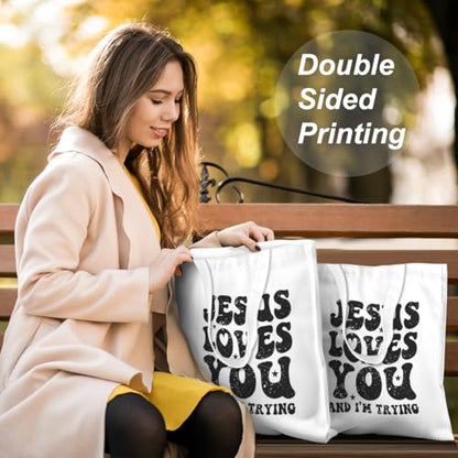 VICBOU Bible Verse Canvas Tote Bag Religious Christian Gifts for Women Men Faith Canvas Tote Reusable Grocery Bag - color: Jesuslovesyou